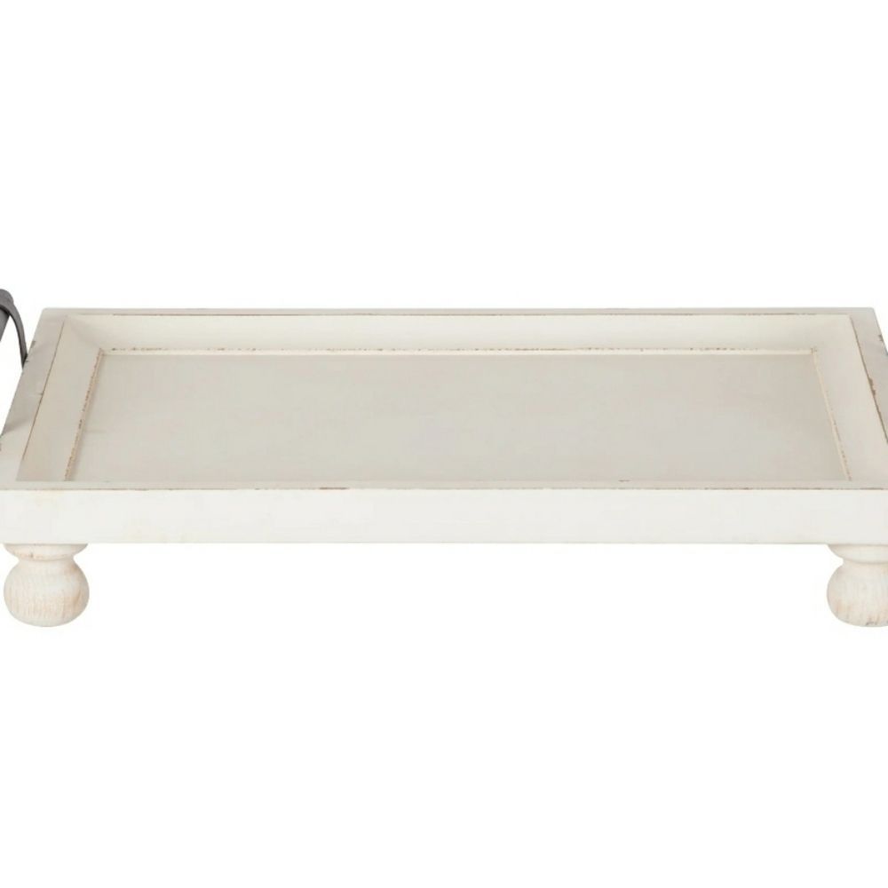 Off White Solid Wood Tray with Metal Handles & Feet - 16'' W x 12'' D x 3.75'' H